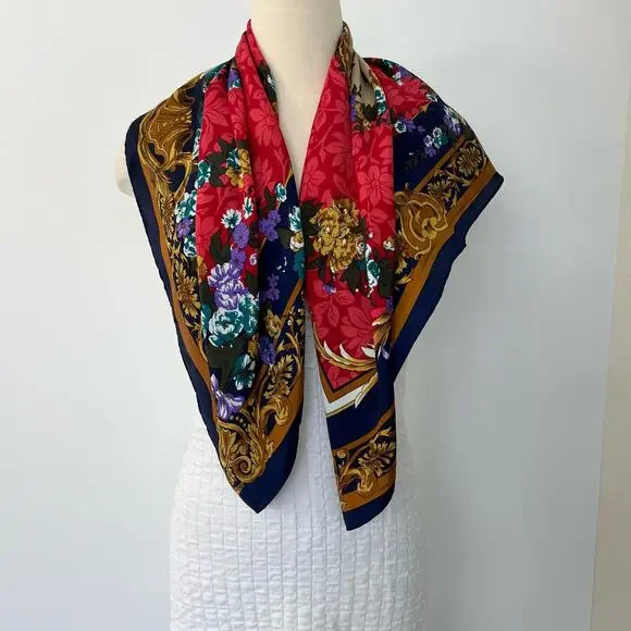 Silk Scarf Floral and Musical Instrument Print Navy Border